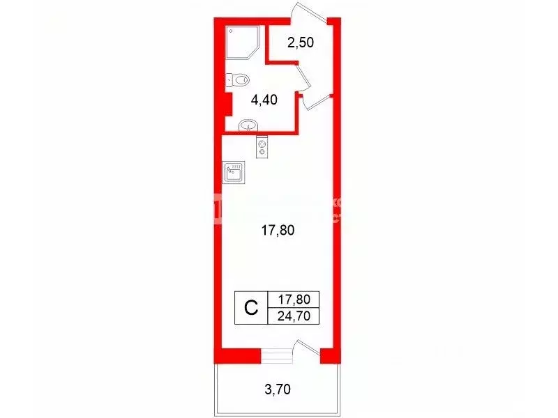 Студия Санкт-Петербург ул. Плесецкая, 20к1 (24.7 м) - Фото 2