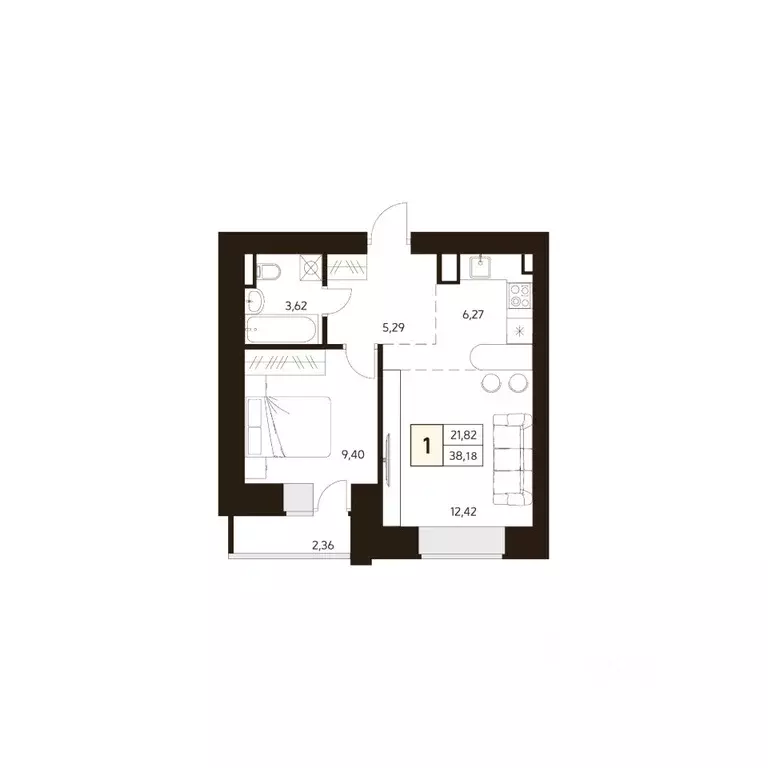 1-к кв. Башкортостан, Уфа ул. Жуковского, 19А (38.18 м) - Фото 1