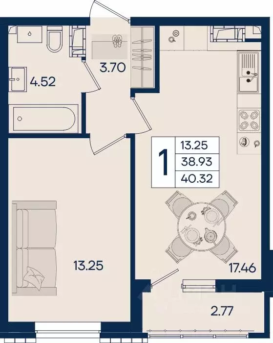 1-к кв. Краснодарский край, Краснодар  (40.32 м) - Фото 1