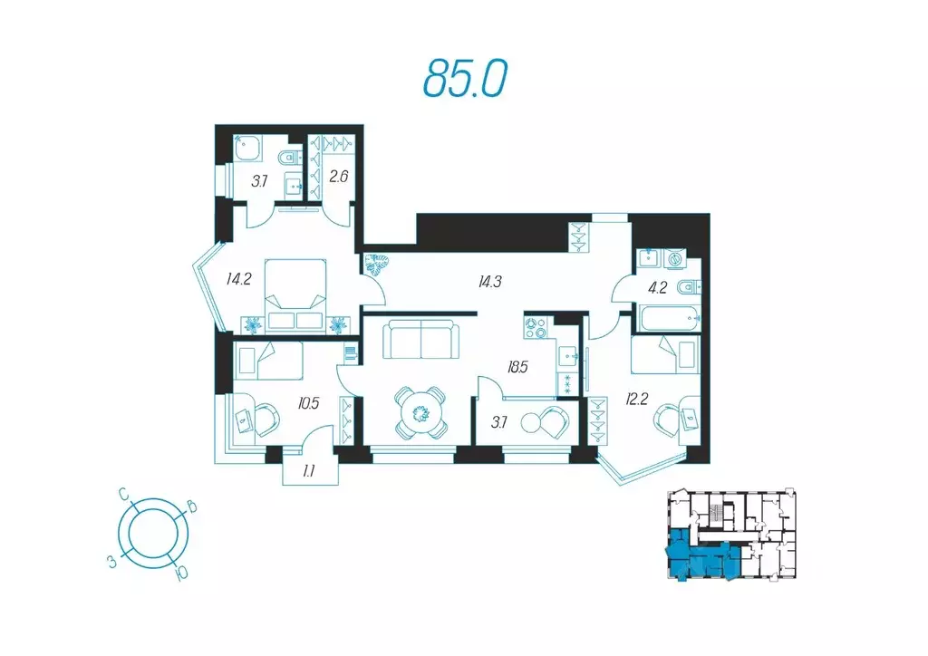 3-к кв. Тульская область, Тула ул. Михеева, 9А (85.0 м) - Фото 0