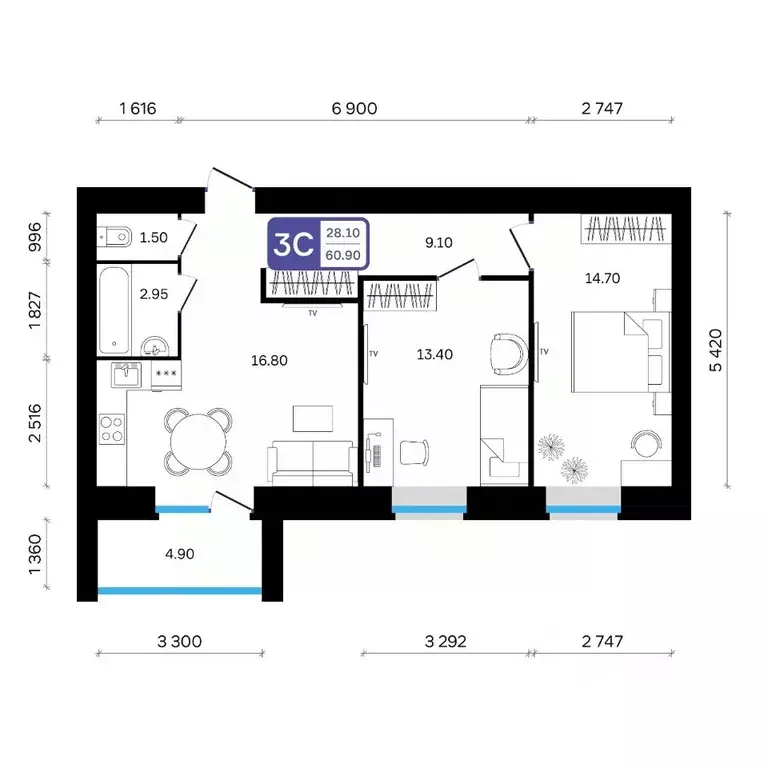 3-к кв. Башкортостан, Белебей 29-й мкр,  (60.9 м) - Фото 2