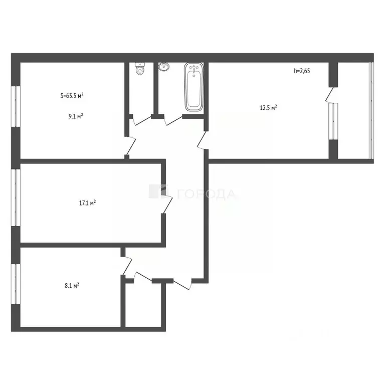 3-к кв. Кемеровская область, Новокузнецк ул. Тольятти, 58 (63.3 м) - Фото 2