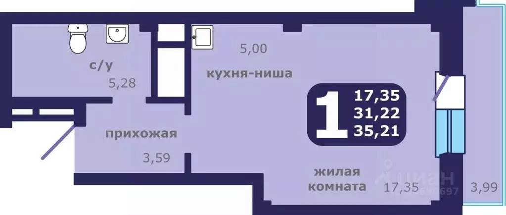 1-к кв. Красноярский край, Красноярск ул. Шевченко, 1 (35.21 м) - Фото 0