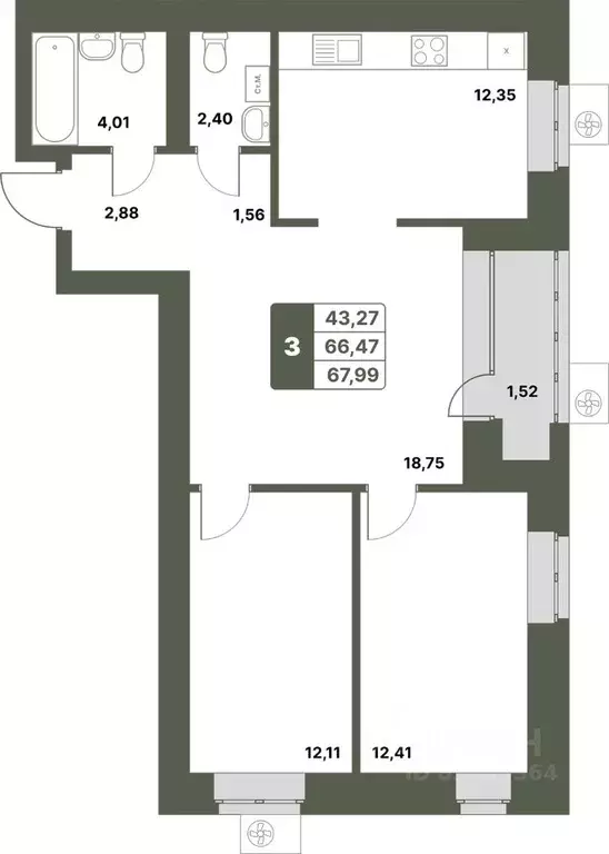 3-к кв. Башкортостан, Уфимский район, с. Миловка  (67.99 м) - Фото 0