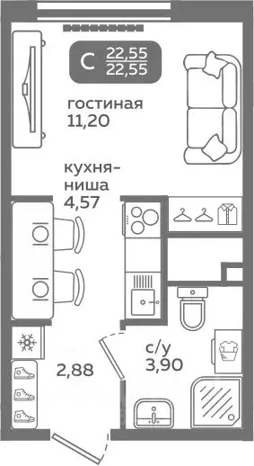 Студия Тюменская область, Тюмень ул. Заполярная, 9/2 (22.55 м) - Фото 0