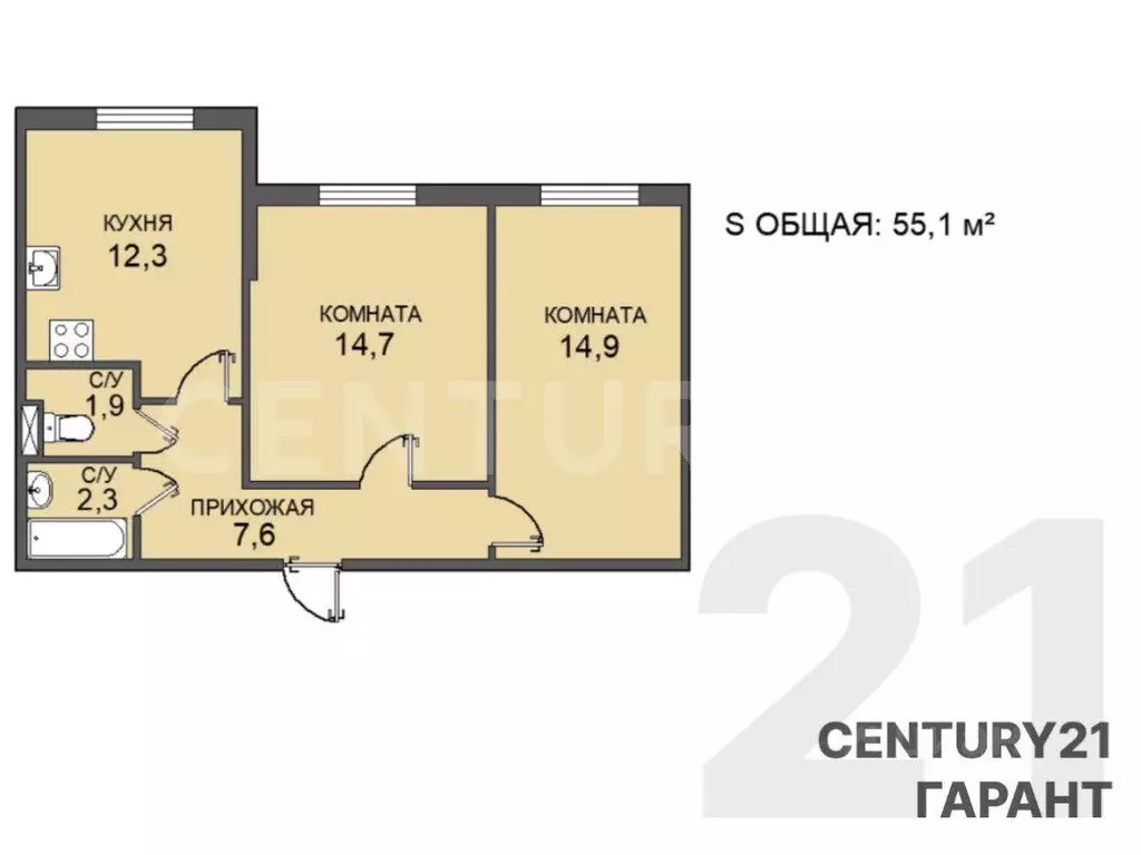 Квартира, 2 комнаты, 55.1 м - Фото 0