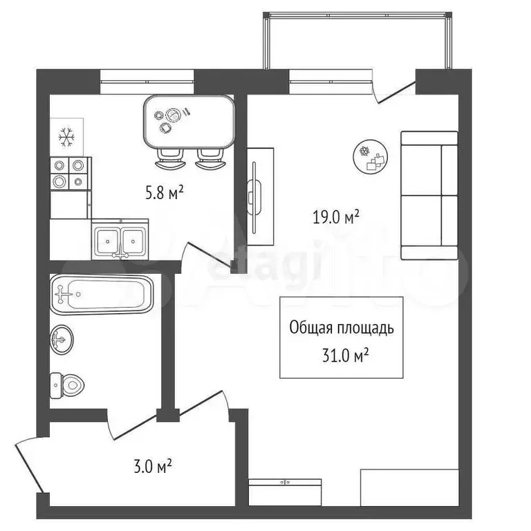 1-к. квартира, 31 м, 4/5 эт. - Фото 1