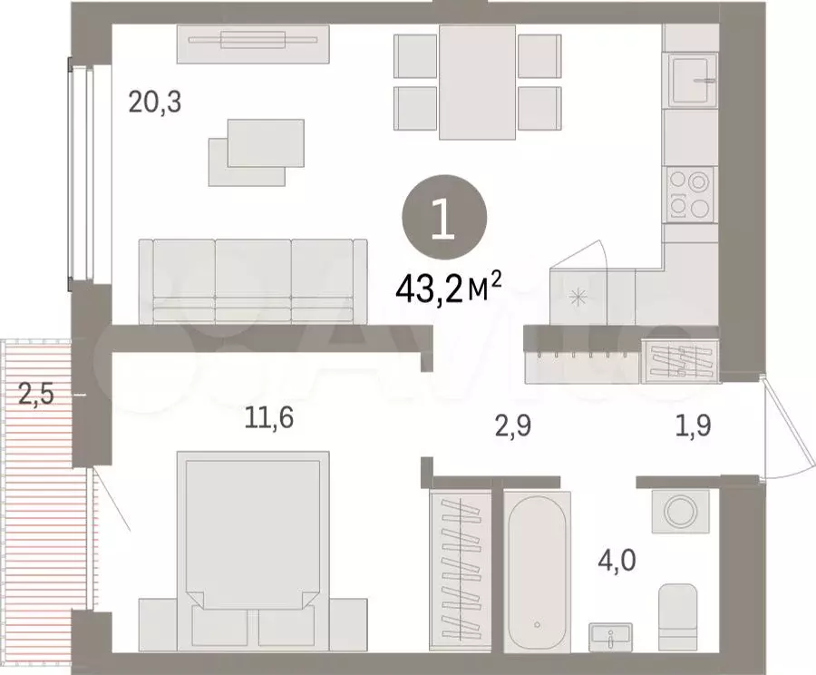 1-к. квартира, 43,2 м, 14/15 эт. - Фото 1