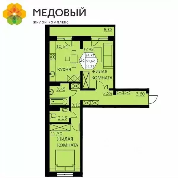 2-к кв. Пермский край, д. Кондратово ул. Г.Н. Нифантова, 4А (51.5 м) - Фото 0