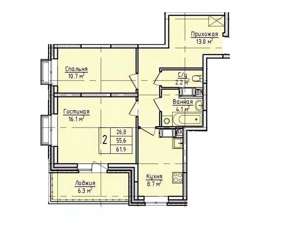 2-к кв. Московская область, Щелково пер. 1-й Советский, 20 (61.9 м) - Фото 1