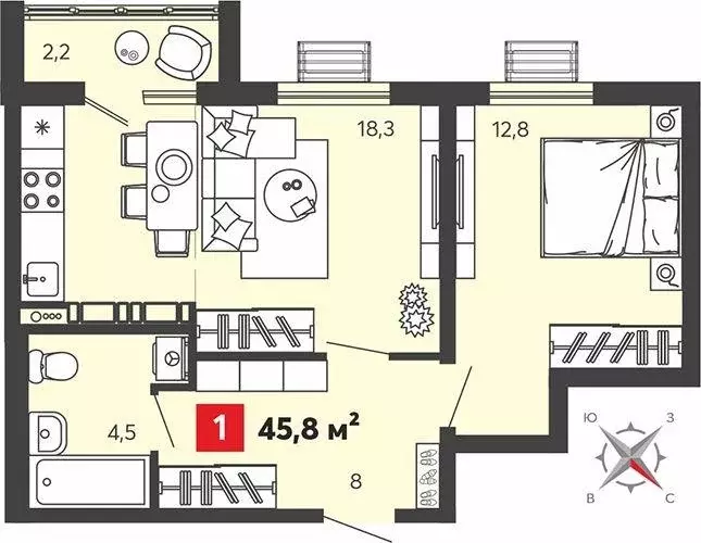 Квартира, 1 комната, 45.8 м - Фото 0