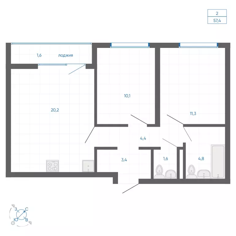 2-к квартира, 57.4 м - Фото 1