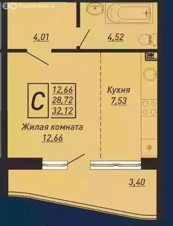 Квартира-студия: село Ольгинка, Солнечная улица, 21 (32.12 м) - Фото 1