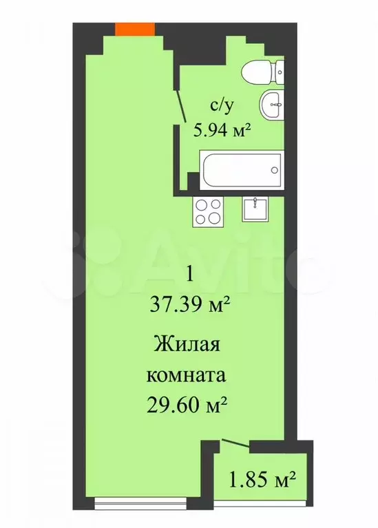 Квартира-студия, 35,5 м, 2/2 эт. - Фото 0