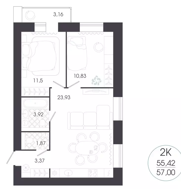 Квартира, 2 комнаты, 57 м - Фото 1