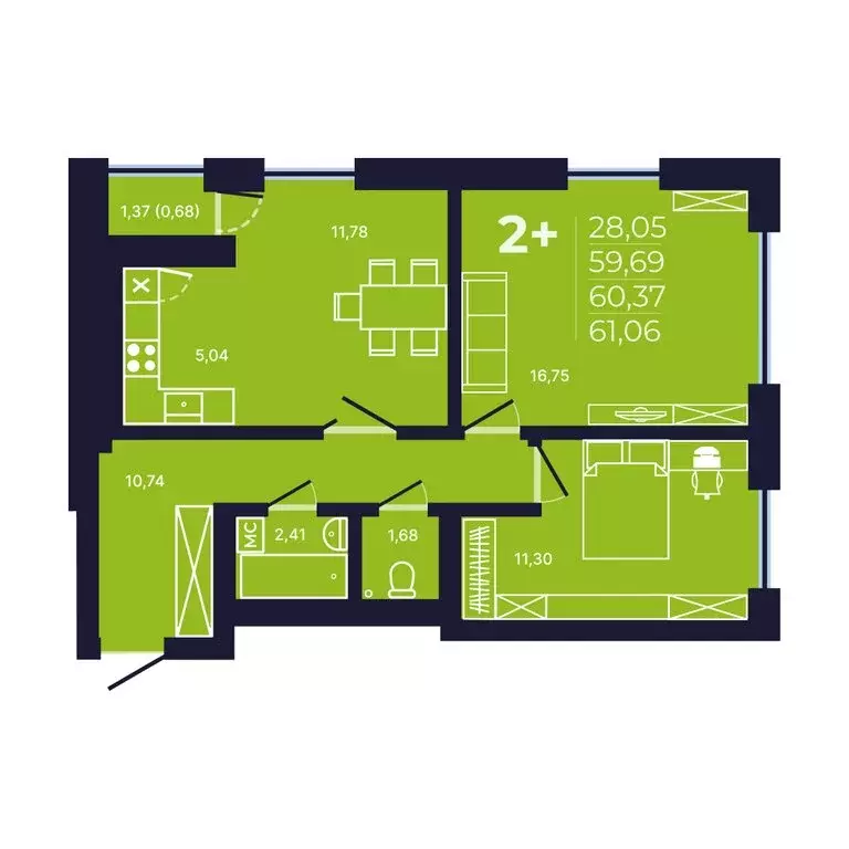 2-комнатная квартира: Уфа, улица Майора Доставалова, 11 (60.4 м) - Фото 1