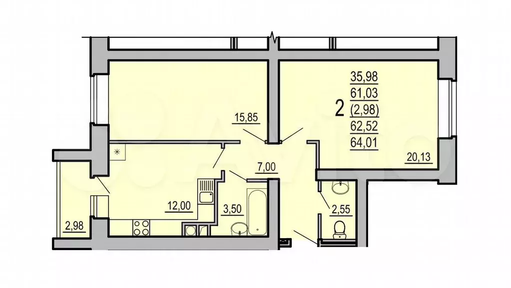 2-к. квартира, 64 м, 1/5 эт. - Фото 0