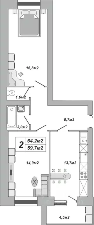 2-к кв. Тамбовская область, Тамбов ул. Чичерина, 7/3 (64.2 м) - Фото 0