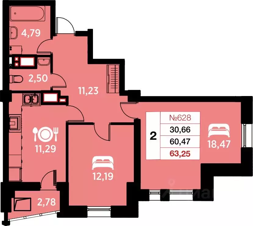 2-к кв. Калининградская область, Калининград ул. Гайдара, 94 (63.25 м) - Фото 0