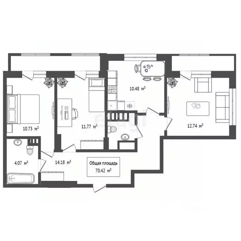 3-к кв. Новосибирская область, Новосибирск Фабричная ул., 65/3 (70.42 ... - Фото 2
