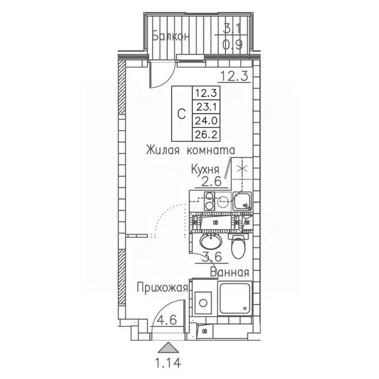 1-к кв. Приморский край, Владивосток ул. Расула Гамзатова, 7к1 (26.2 ... - Фото 1