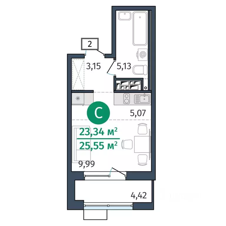 Студия Тюменская область, Тюмень Этика жилой комплекс (23.34 м) - Фото 1