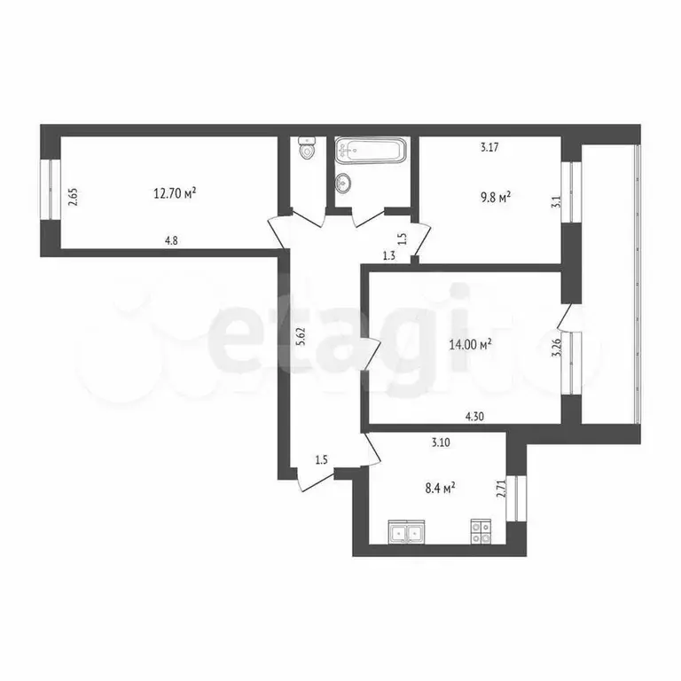 3-к. квартира, 57,3 м, 9/9 эт. - Фото 0