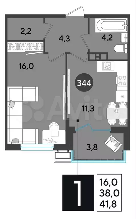 1-к. квартира, 41,8 м, 7/9 эт. - Фото 1