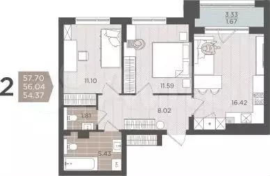 2-к. квартира, 56 м, 1/9 эт. - Фото 1