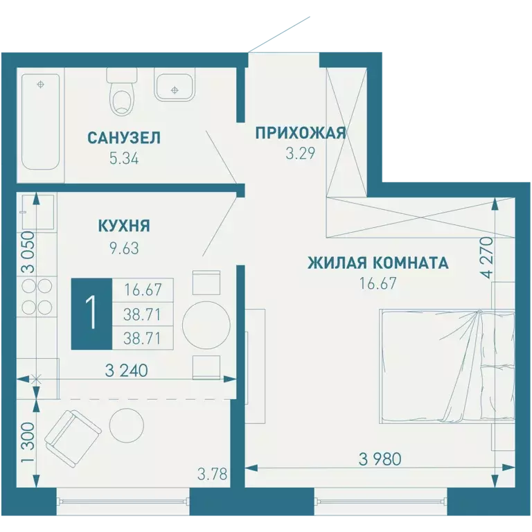 1-к квартира, 38.71 м - Фото 0