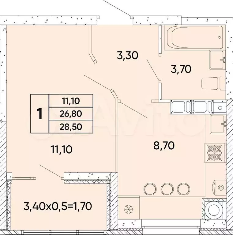 1-к. квартира, 28,5м, 4/6эт. - Фото 0