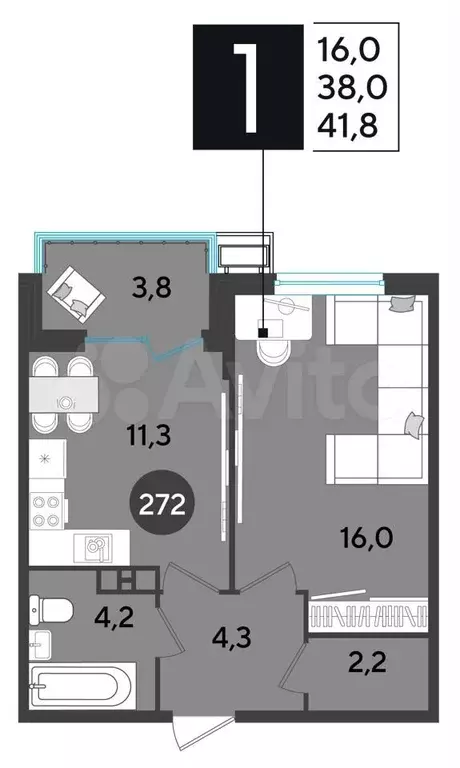 1-к. квартира, 41,8 м, 8/9 эт. - Фото 1