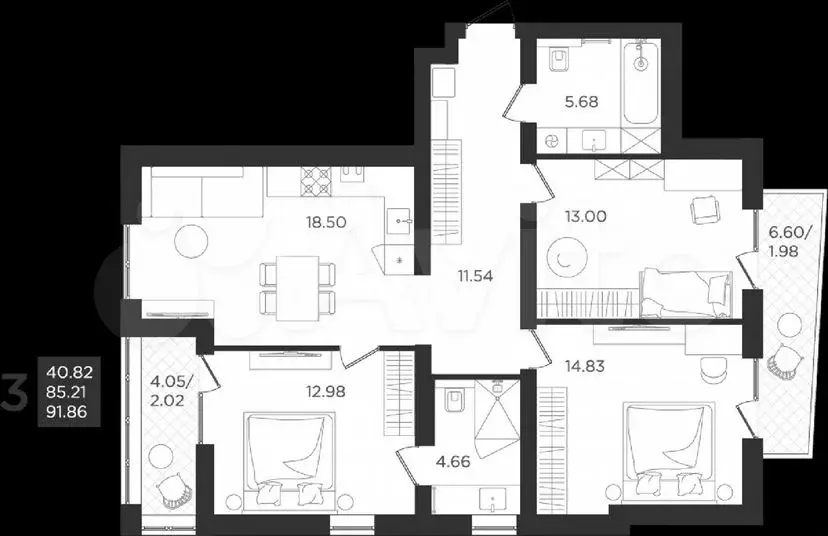 1-к. квартира, 38,8м, 4/4эт. - Фото 1