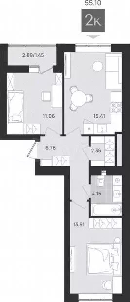 2-к. квартира, 55,1м, 6/9эт. - Фото 0