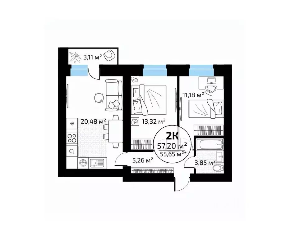 2-к кв. Самарская область, Самара пос. Мехзавод, 1-й кв-л, 50 (57.2 м) - Фото 1