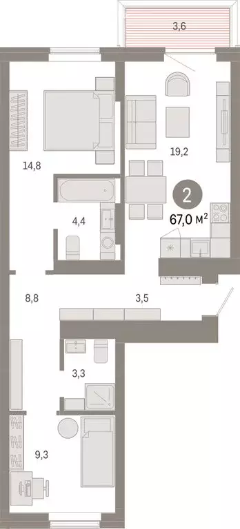 2-комнатная квартира: Омск, Кировский округ (66.98 м) - Фото 2