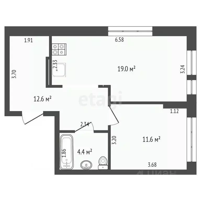 1-к кв. Тюменская область, Тюмень Полевая ул., 117к4 (47.6 м) - Фото 1