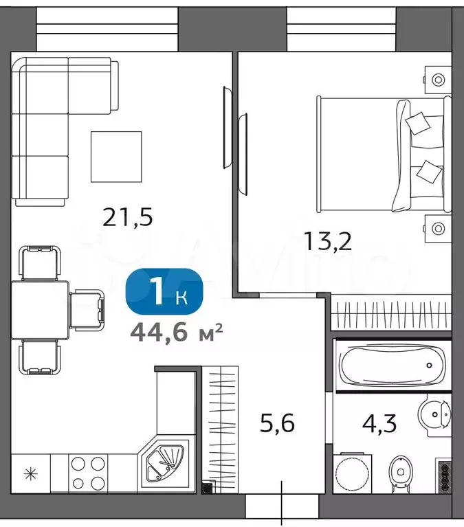 1-к. квартира, 44,6 м, 2/6 эт. - Фото 0