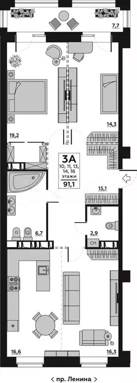 3-к. квартира, 95,6 м, 16/20 эт. - Фото 0