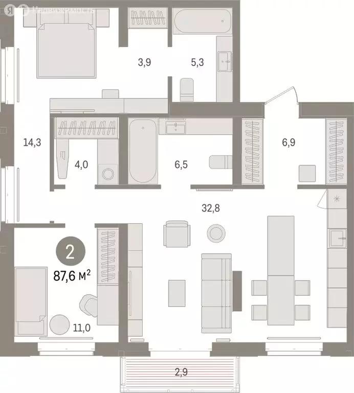 2-комнатная квартира: Тюмень, жилой комплекс На Минской (87.57 м) - Фото 1