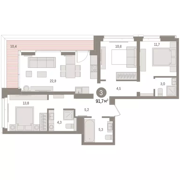 3-комнатная квартира: Тюмень, жилой комплекс На Минской (91.74 м) - Фото 1