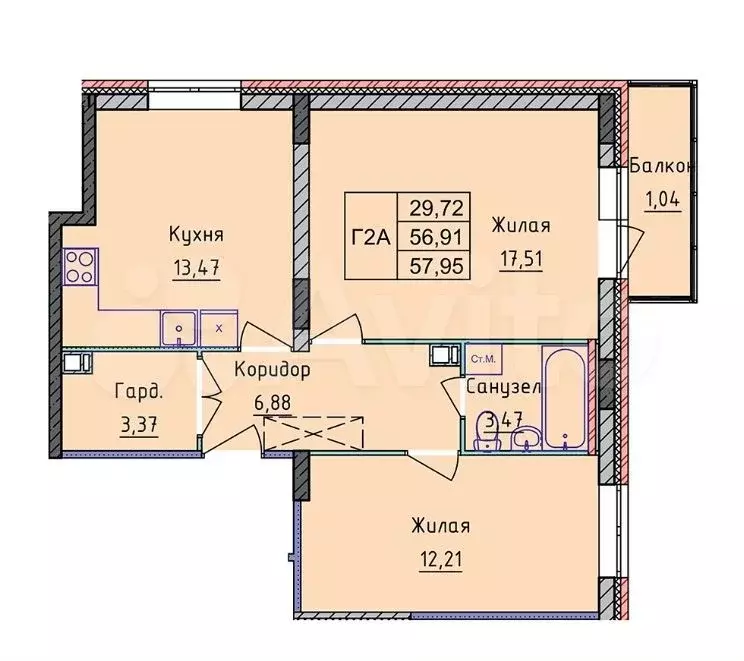 2-к. квартира, 57 м, 7/8 эт. - Фото 0