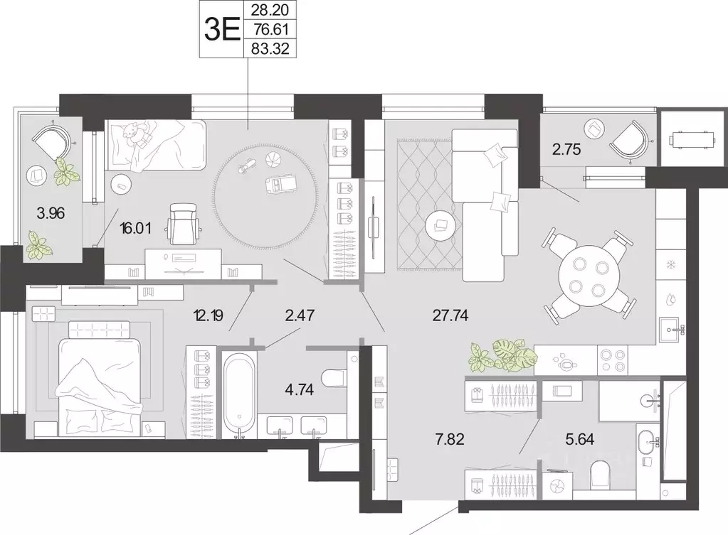 2-к кв. Тульская область, Тула Премьер Парк жилой комплекс (83.32 м) - Фото 2