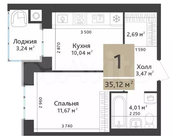 1-к. квартира, 33,5 м, 5/10 эт. - Фото 1