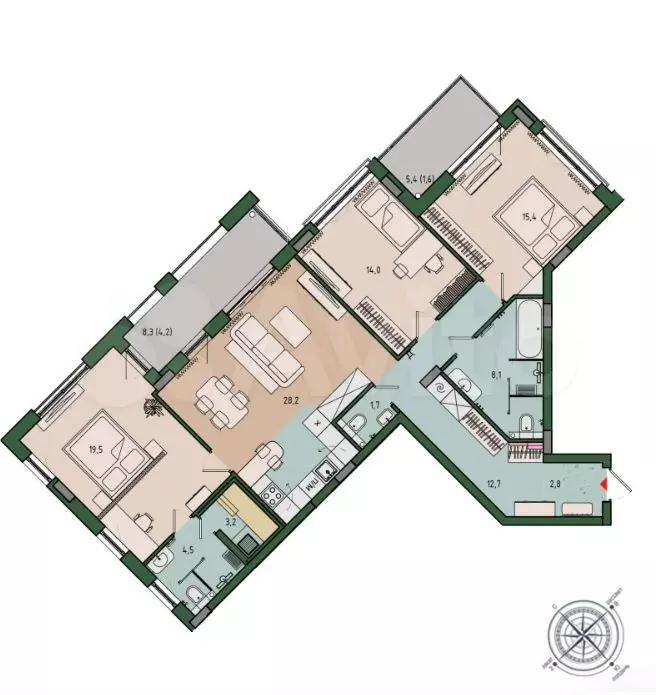 3-к. квартира, 115,6 м, 6/10 эт. - Фото 1