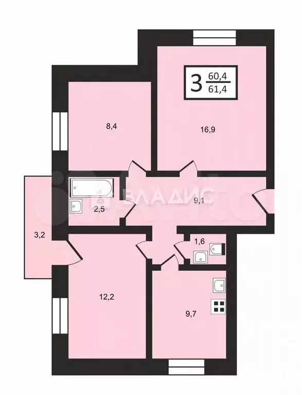 3-к. квартира, 60,4 м, 7/8 эт. - Фото 0