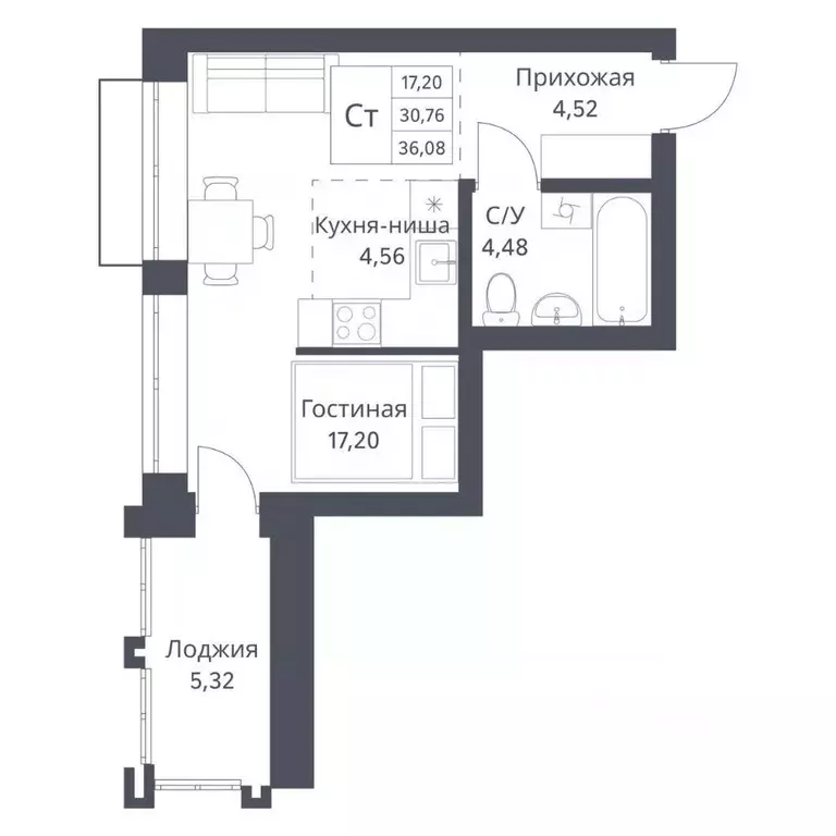 Студия Новосибирская область, Новосибирск Игарская ул., 40/1 (30.76 м) - Фото 0