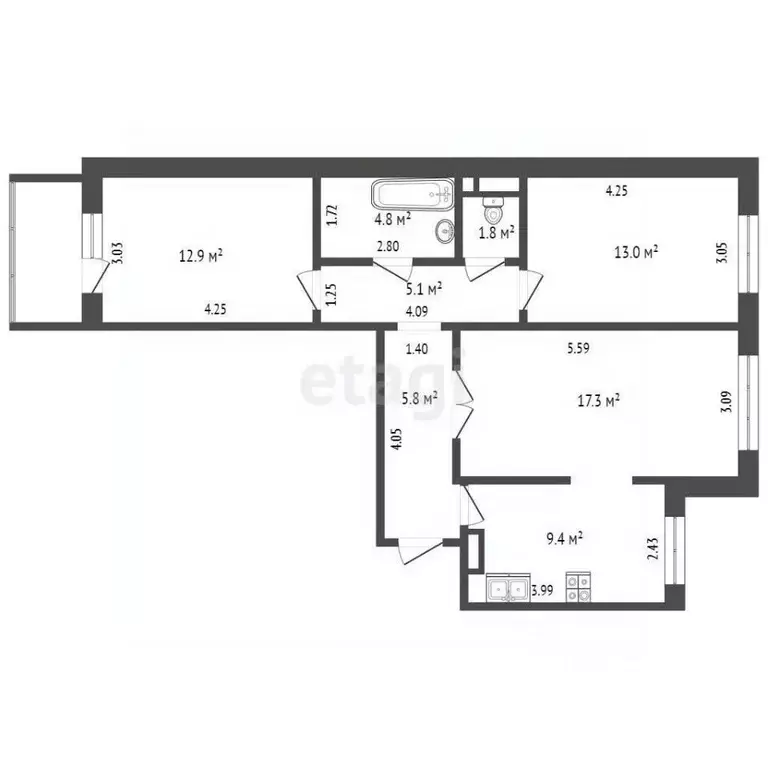 3-к кв. Хабаровский край, Хабаровск Широкая ул., 42Б (70.0 м) - Фото 2
