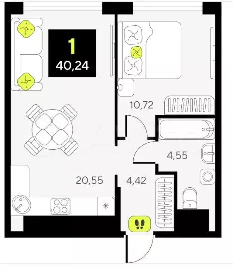 1-к. квартира, 40 м, 3/17 эт. - Фото 1