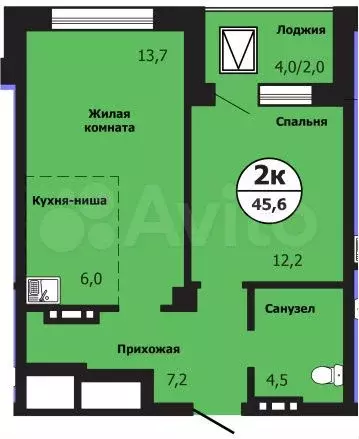 2-к. квартира, 45,6 м, 2/19 эт. - Фото 0